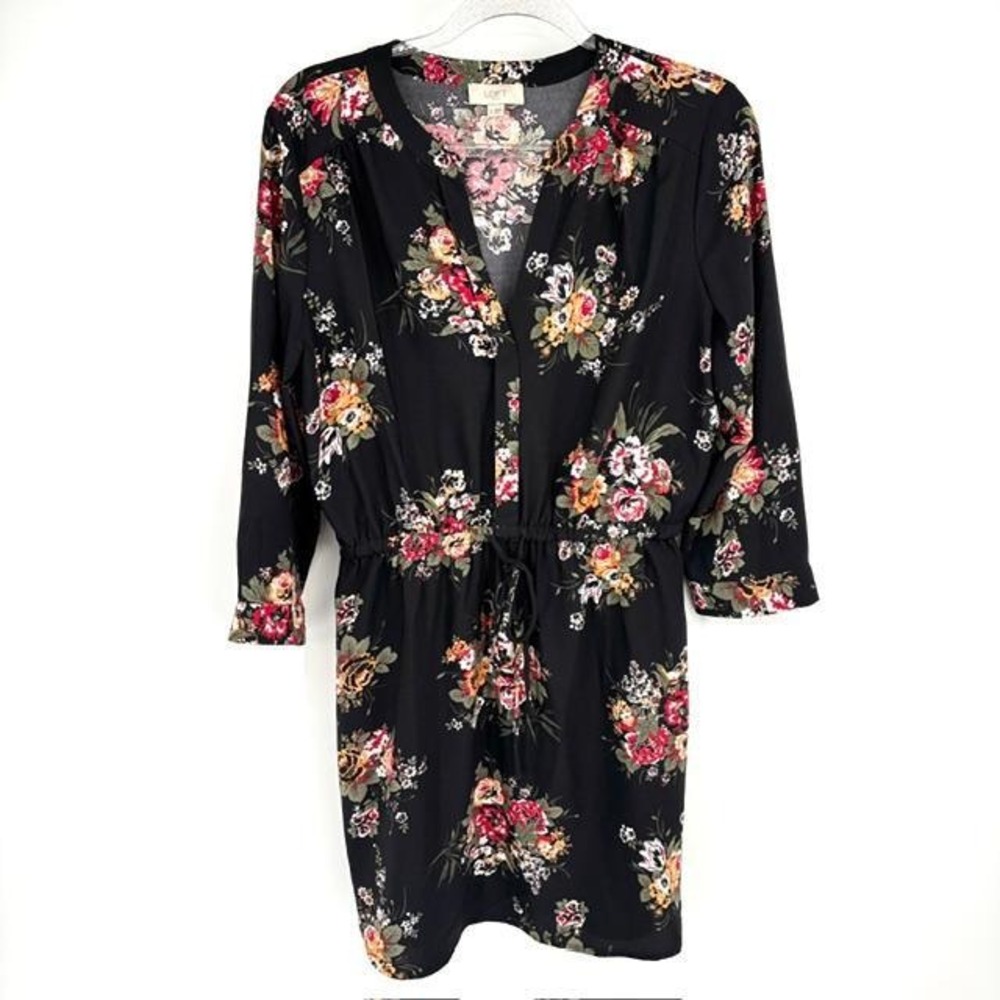 Loft Floral Black‎ Dress Tie Waist Chiffon Size Medium Boho Classic Fairy